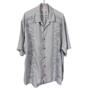 Tommy Bahama 1XB 100% Silk Short Sleeve Button Up Shirt Blue Floral Embroidered